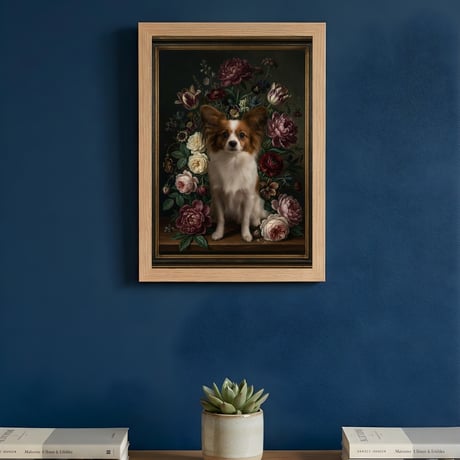 犬（パピヨン）の花に囲まれた油絵風アート A4額装インテリア壁掛け