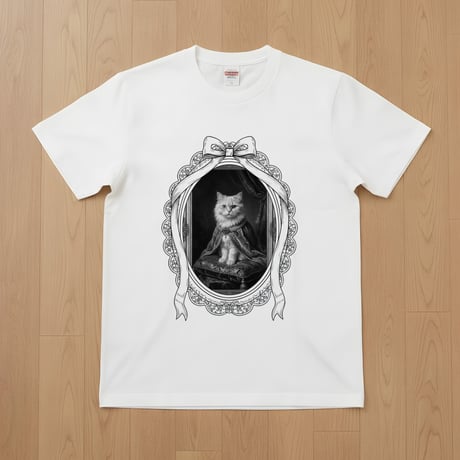 猫（ペルシャ猫）半袖Tシャツ ルネサンス風モノクロアート ホワイト 男女兼用