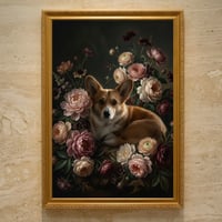 犬（コーギー）の花に囲まれた油絵風アート A3額装インテリア壁掛け