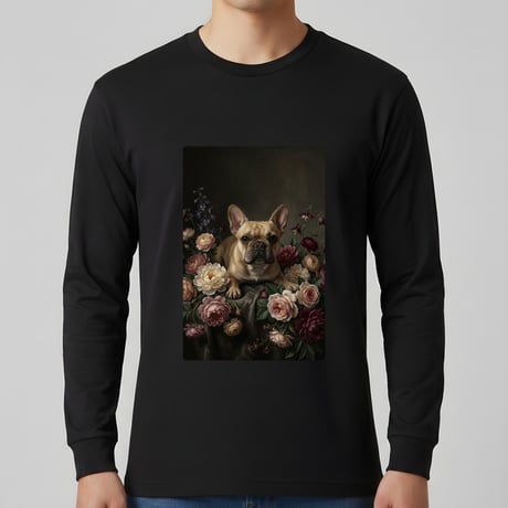 犬（フレンチブルドッグ）長袖Tシャツ 花の油絵風アート ブラック 男女兼用