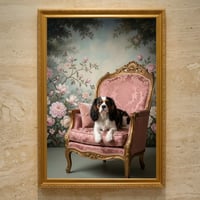 犬（キャバリア）のロココ調シャビーピンクアート A3額装インテリア壁掛け