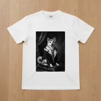 犬（秋田犬）半袖Tシャツ ルネサンス風モノクロアート ホワイト 男女兼用