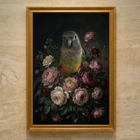 インコ（アカハラインコ）の花に囲まれた油絵風アート A3額装インテリア壁掛け