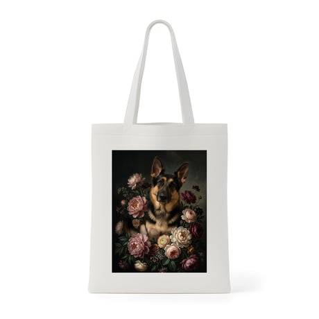 犬（ジャーマンシェパード）トートバッグ 花の油絵風アート キャンバス地