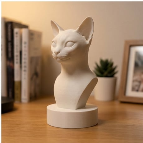 猫（アビシニアン）の3Dプリント胸像 白PLA 彫刻 置物 インテリア