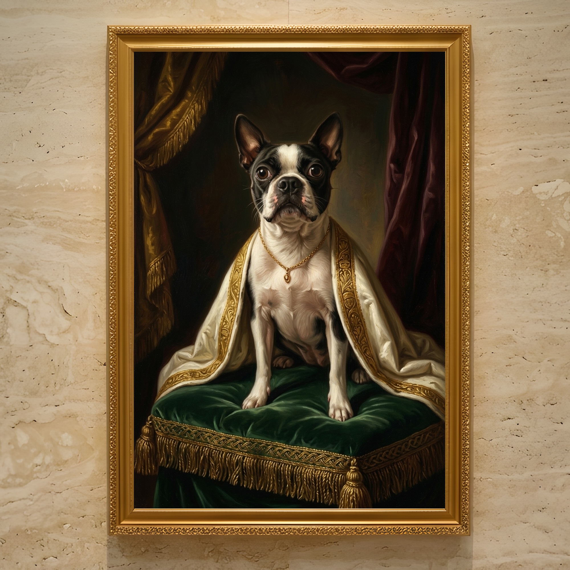 犬（ボストンテリア）のルネサンス風肖像画 油絵風アートA3額装