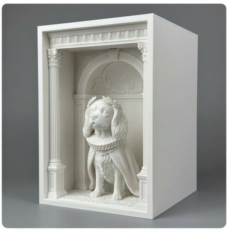犬（キャバリア）の3Dプリント ブックヌーク 白PLA 本棚インテリア