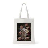 犬（マルチーズ）トートバッグ 花の油絵風アート キャンバス地