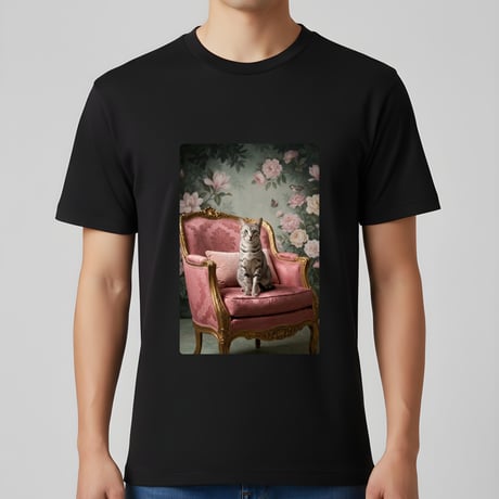 猫（エジプシャンマウ）半袖Tシャツ ロココ調シャビーピンク ブラック 男女兼用