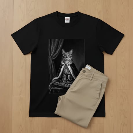 猫半袖Tシャツ ルネサンス風モノクロアート ブラック 男女兼用