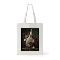インコ（キバタン）トートバッグ 花の油絵風アート キャンバス地