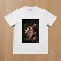 インコ（モモイロインコ）半袖Tシャツ 花の油絵風アート ホワイト 男女兼用