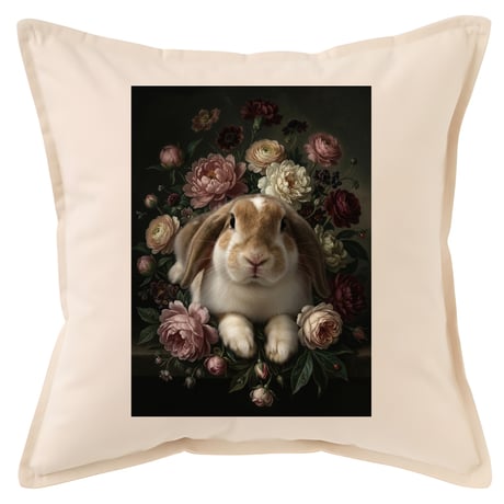 うさぎ（フレンチロップ）クッション 45cm 花の油絵風カラーアート