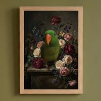 インコ（オオハナインコ）の花に囲まれた油絵風アート A4額装インテリア壁掛け