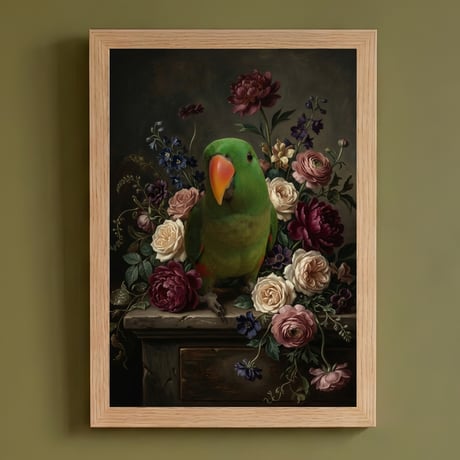 インコ（オオハナインコ）の花に囲まれた油絵風アート A4額装インテリア壁掛け