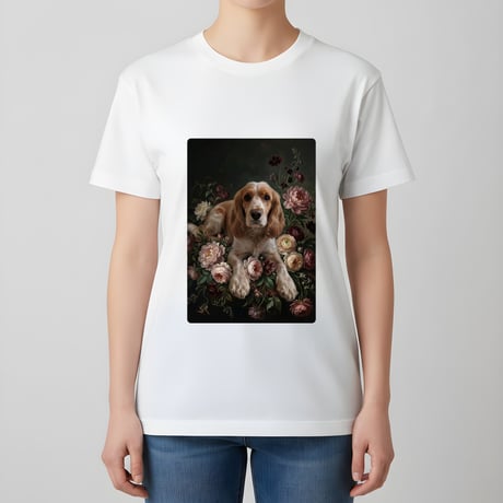 犬（コッカースパニエル）半袖Tシャツ 花の油絵風アート ホワイト 男女兼用