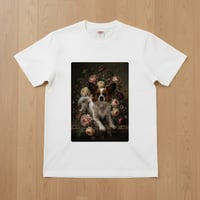 犬（パピヨン）半袖Tシャツ 花の油絵風アート ホワイト 男女兼用