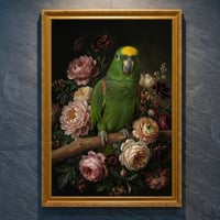 インコ（キエリボウシインコ）の花の油絵風アート A4金縁額装インテリア壁掛け