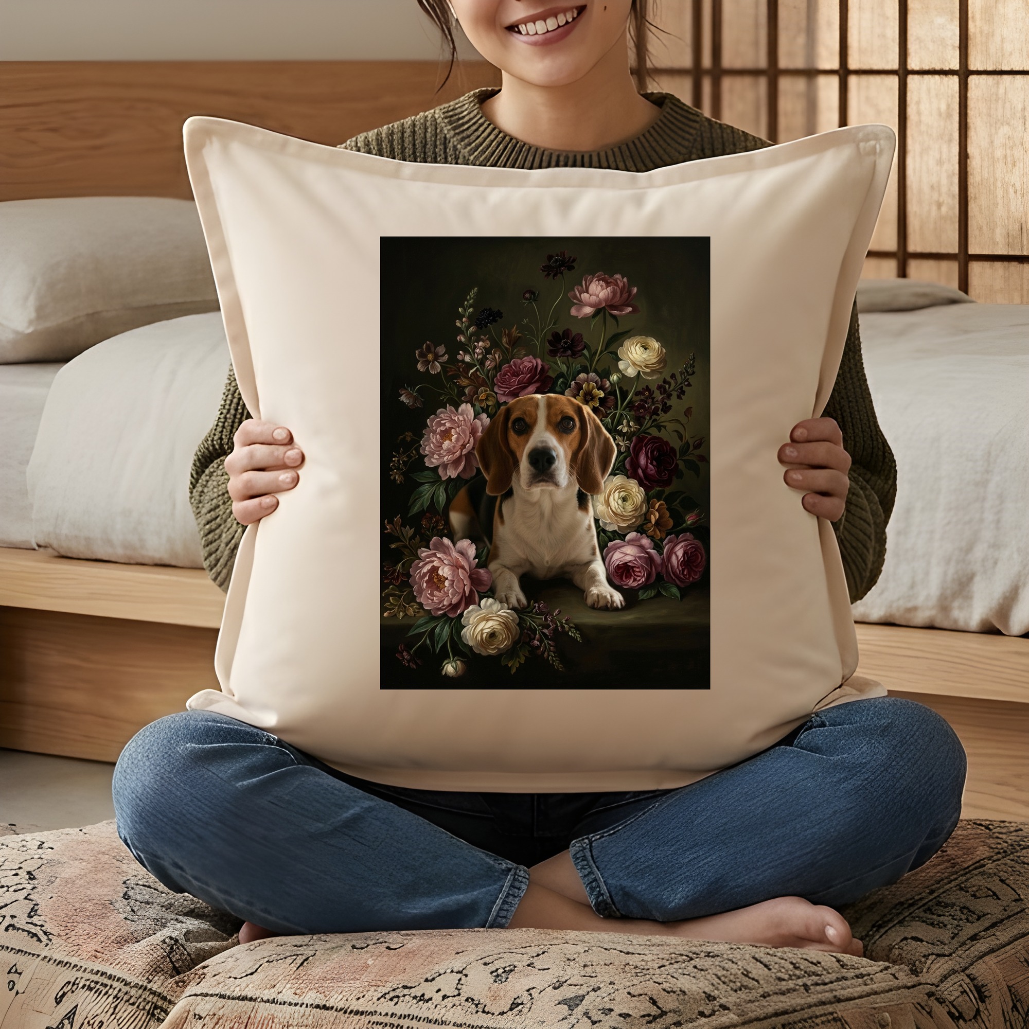 犬（ビーグル）クッション 45cm 花の油絵風カラーアート | うちの子