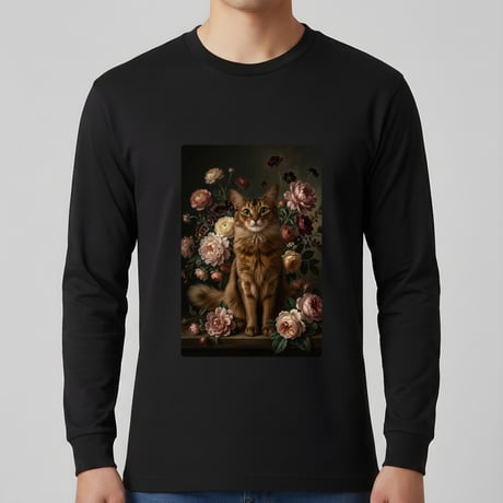 猫（ソマリ）長袖Tシャツ 花の油絵風アート ブラック 男女兼用