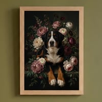 犬（バーニーズマウンテンドッグ）の花の油絵風アート A4額装インテリア壁掛け