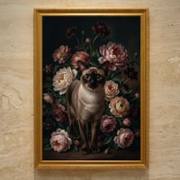 猫（バーミーズ）の花に囲まれた油絵風アート A3額装インテリア壁掛け