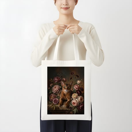 猫（アビシニアン）トートバッグ 花の油絵風アート キャンバス地