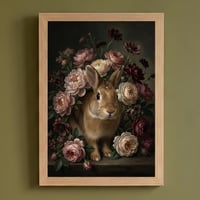 うさぎ（タン）の花に囲まれた油絵風アート A4額装インテリア壁掛け