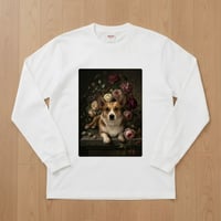 犬（コーギー）長袖Tシャツ 花の油絵風アート ホワイト 男女兼用