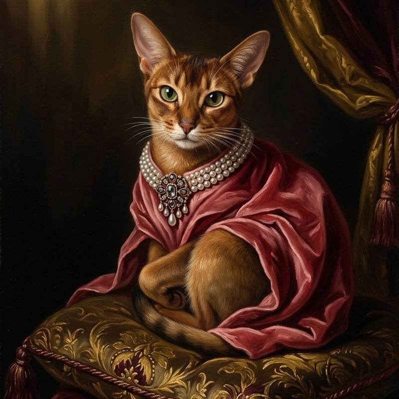 猫（アビシニアン）のルネサンス風肖像画 油絵風アートA4額装