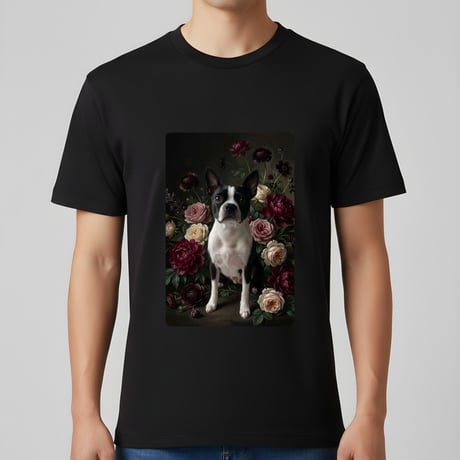 犬（ボストンテリア）半袖Tシャツ 花の油絵風アート ブラック 男女兼用