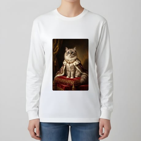 猫（ラグドール）長袖Tシャツ ルネサンス風カラーアート ホワイト 男女兼用
