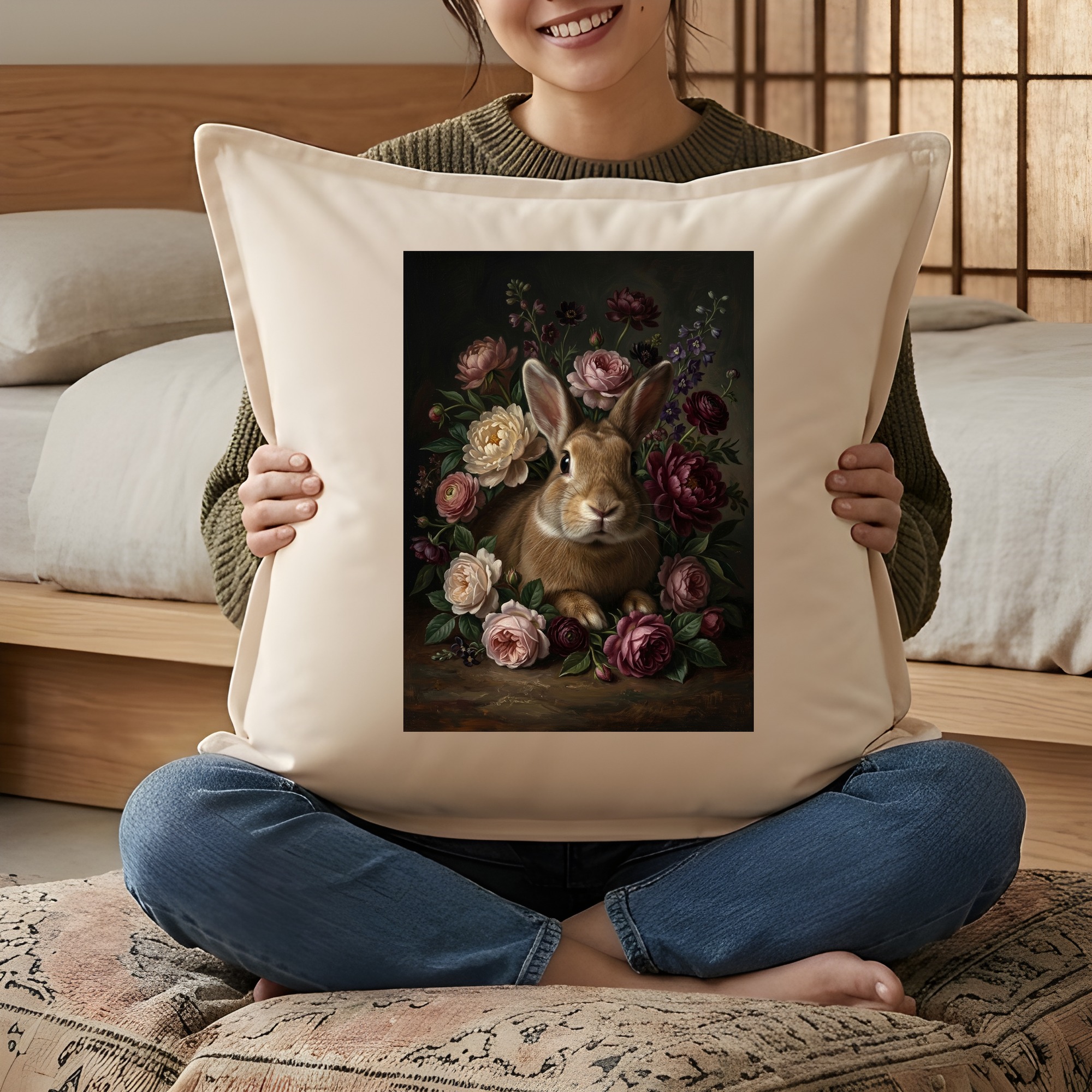 うさぎ（タン）クッション 45cm 花の油絵風カラーアート | うちの子