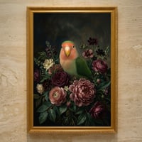 インコ（コザクラインコ）の花に囲まれた油絵風アート A3額装インテリア壁掛け