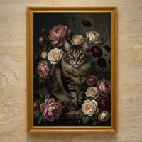 猫（メインクーン）の花に囲まれた油絵風アート A3額装インテリア壁掛け