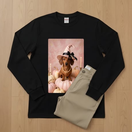 犬（ミニチュアダックスフンド）長袖Tシャツ ハロウィン限定 ブラック 男女兼用