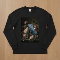 イグアナ（ブルーイグアナ）長袖Tシャツ 花の油絵風アート ブラック 男女兼用