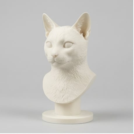 猫（ロシアンブルー）の3Dプリント胸像 白PLA 彫刻 置物 インテリア