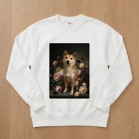 犬（柴犬）トレーナー 花の油絵風アート ホワイト 男女兼用