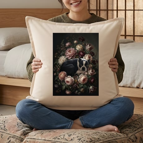 犬（ボストンテリア）クッション 45cm 花の油絵風カラーアート