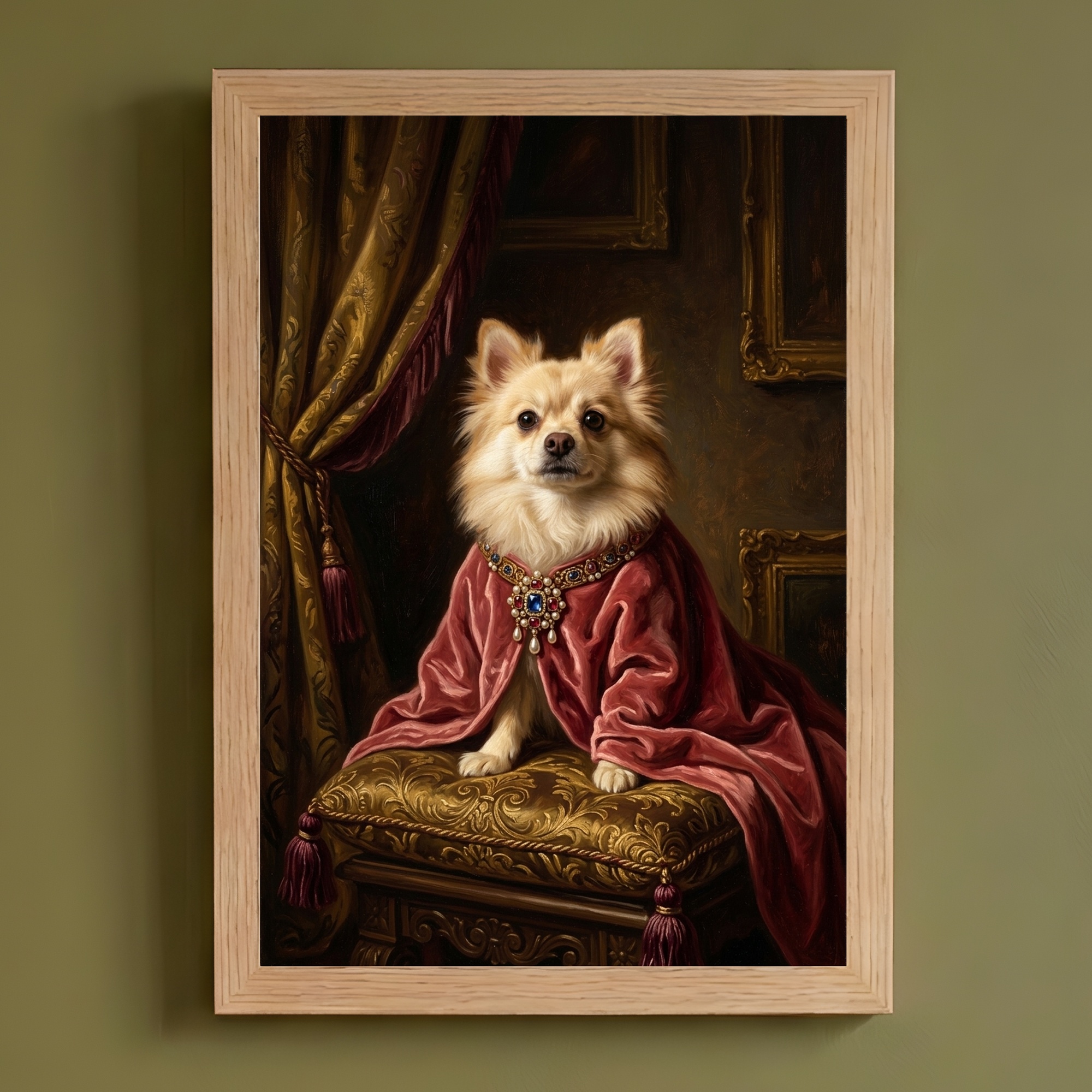 犬（ポメラニアン）のルネサンス風肖像画 油絵風アートA4額装