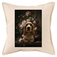 犬（コッカースパニエル）クッション 45cm 花の油絵風カラーアート