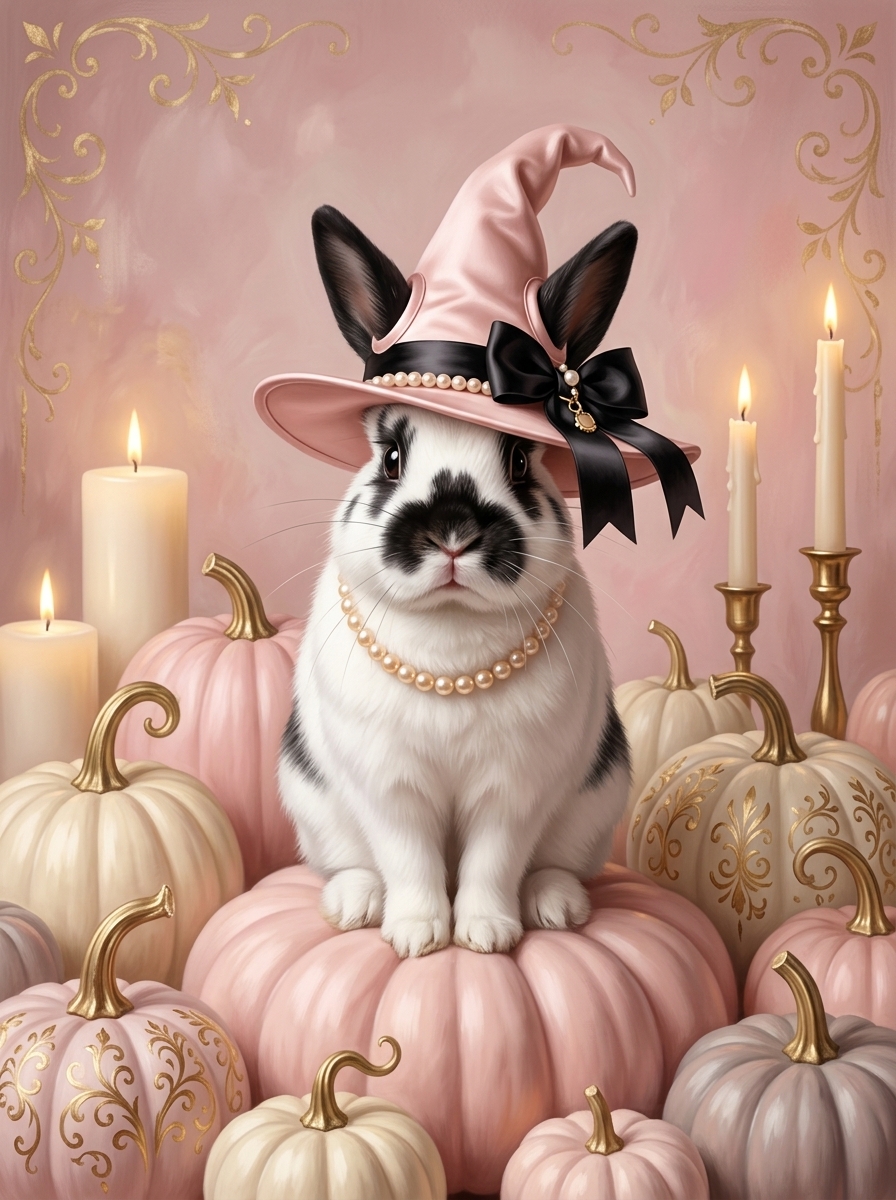 ハロウィン★黒ずきんウサギ(ピンク) うさぎ（ヒマラヤン）のハロウィン限定アート A3額装インテリア壁掛け