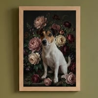 犬（ジャックラッセルテリア）の花に囲まれた油絵風アート A4額装インテリア壁掛け