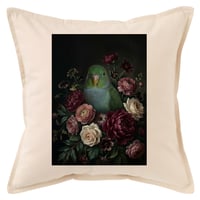 インコ（サザナミインコ）クッション 45cm 花の油絵風カラーアート