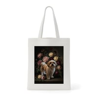 犬（シーズー）トートバッグ 花の油絵風アート キャンバス地