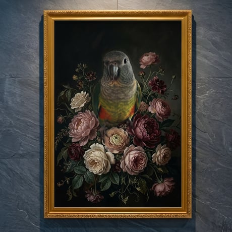 インコ（アカハラインコ）の花に囲まれた油絵風アート A4金縁額装インテリア壁掛け