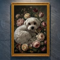 犬（マルチーズ）の花に囲まれた油絵風アート A4金縁額装インテリア壁掛け