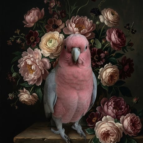 インコ（モモイロインコ）の花に囲まれた油絵風アート A4金縁額装インテリア壁掛け
