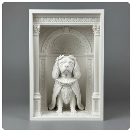犬（キャバリア）の3Dプリント ブックヌーク 白PLA 本棚インテリア